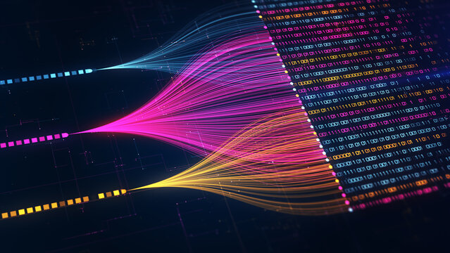 Abstract big data visualization with colorful data streams, binary code, analytics, machine learning, data processing, and digital network technology background. 3d rendering