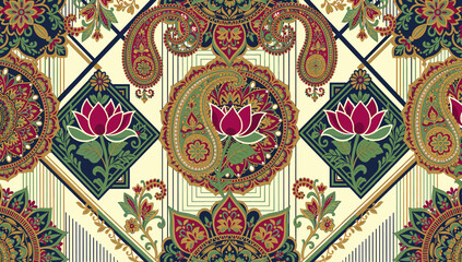 Intricate paisley and lotus flower pattern with geometric elements in a rich tapestry of colors. © Merah