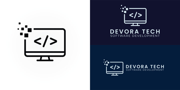 A minimalist logo for software development featuring a computer monitor with coding symbols and pixel elements to represent innovation, programming expertise, and modern technology solutions.