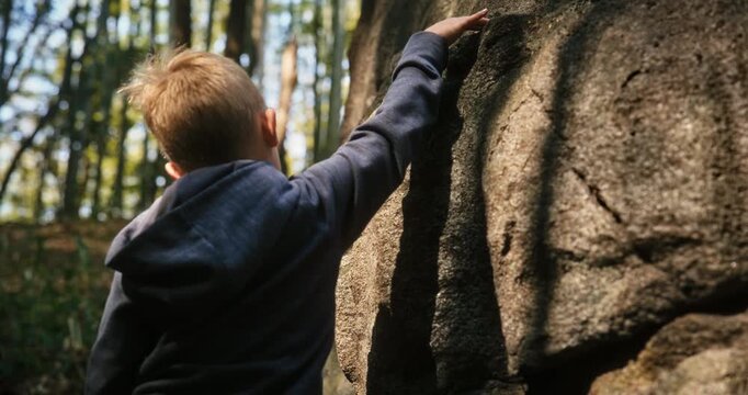 Little boy touching large stone in bamboo thicket - slow motion, medium shot