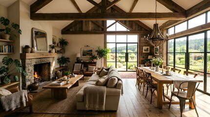 Fototapeta premium Rustic living room with dining area and scenic views