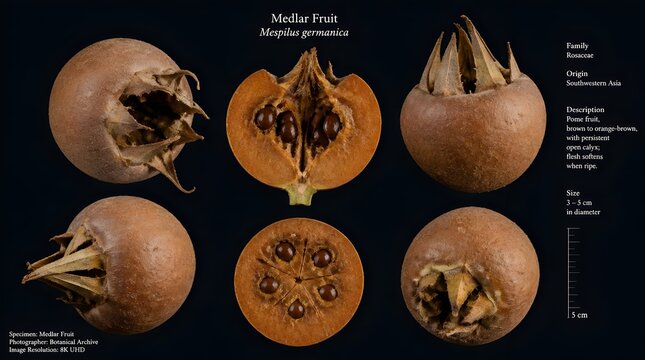 Botanical study of medlar fruit mespilus germanica showing cross sections and whole fruits on black background.