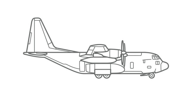 Military transport aircraft side view line art illustration.