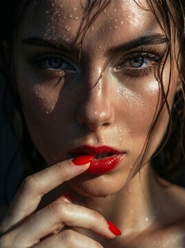 Luxury beauty portrait with wet skin red lipstick and dramatic fashion lighting close up