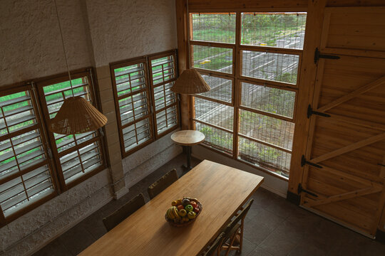 High angle view of rustic dining room