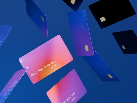 Digital Credit Cards Floating in the Air Against Blue Background