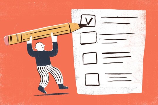 A man with a giant pencil standing in front of checklist