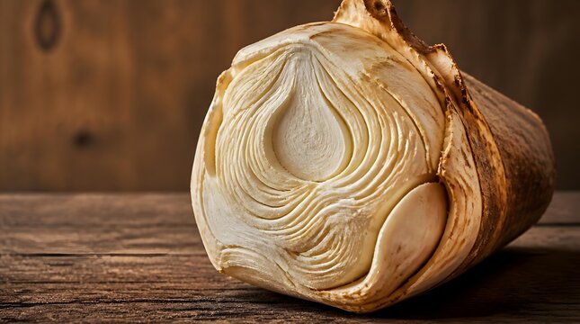 Close up of a cut raw celeriac root vegetable on a rustic wooden table.