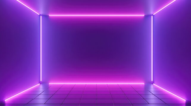A futuristic empty room illuminated with vibrant purple and pink neon lights along the walls, ceiling, and floor tiles.