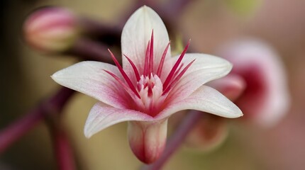 Obraz premium Close up of a small pink and white star shaped flower in bloom.
