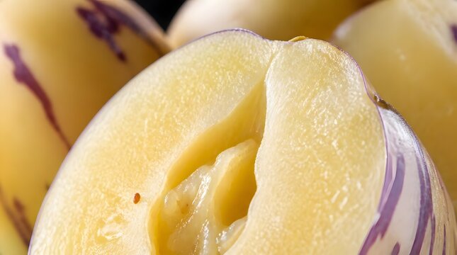 Close up of a sliced fresh pepino melon showing yellow flesh and purple striped skin.