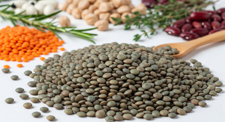 Fototapeta premium Assortment of healthy legumes and lentils arranged on a white surface with herbs