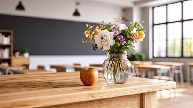 A bright classroom with wooden desks, a vase of colorful flowers, and an apple placed on the front desk near a large window letting in natural light.