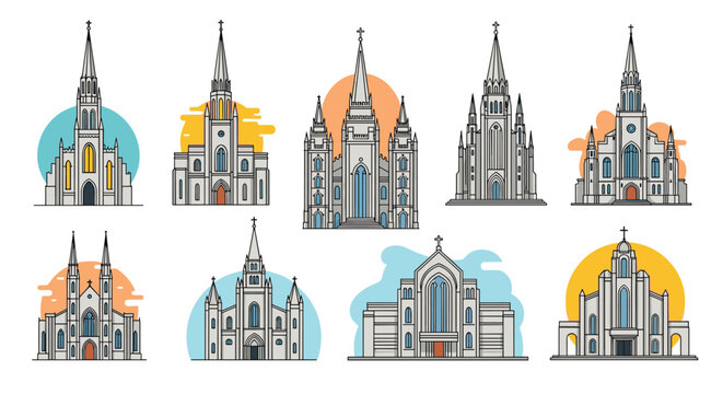 Collection of diverse church and chapel architectures with minimalist backgrounds and geometric shapes for religious and community projects.