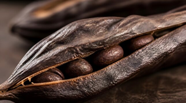 Close up of dried carob pods showing seeds inside on a dark wooden background.