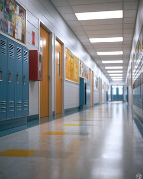 A clean, empty school hallway with blue lockers and bulletin boards lining the walls under bright fluorescent lighting.