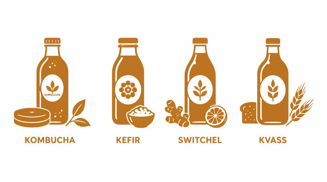 Fermented beverage set vector illustration with kombucha, kefir, switchel, and kvass icons