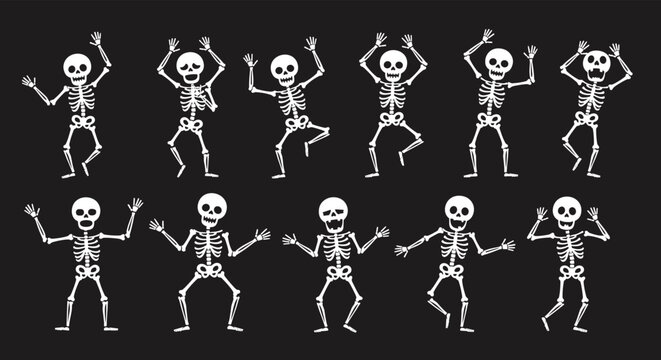 Playful collection of white skeletons dancing and posing in various expressive ways against a solid black background for Halloween themes.