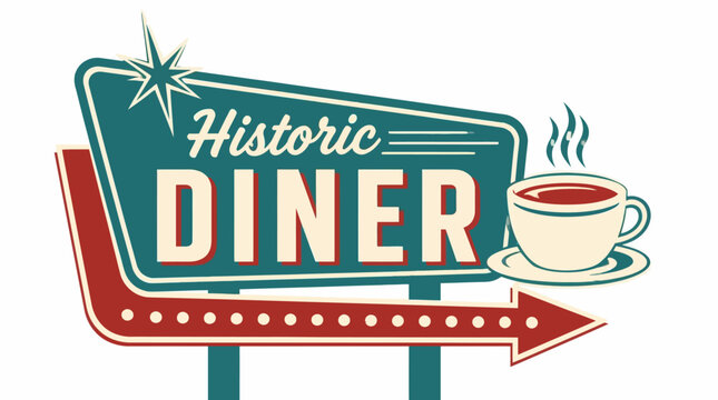 Retro diner sign with coffee cup, vintage graphic element