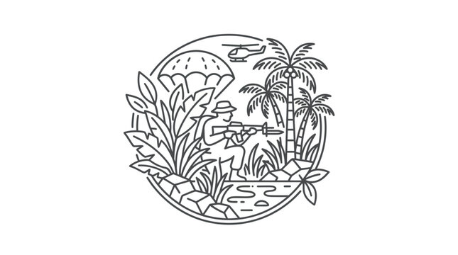Military jungle mission badge with paratrooper and helicopter icon.