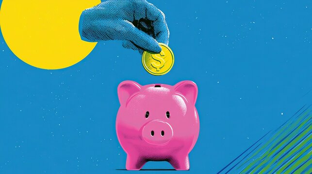 Stylized centered pink piggy bank set on solid blue base, dotted textured truncated hand with yellow wrist disc inserting dollar marked gold coin into slot