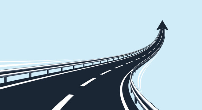 Perspective view of a highway road curving upwards into a large arrow shape symbolizes progress, growth, and the journey toward successful goals.