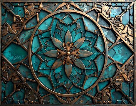 Stained glass window with flower design.
