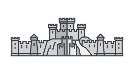 Symmetrical medieval castle facade with stone towers. © ayuk dina
