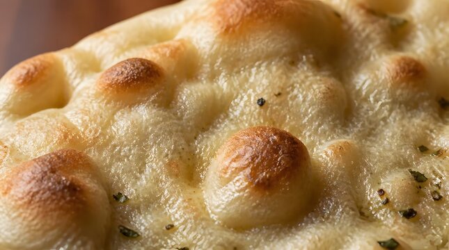 Close up of freshly baked golden flatbread with melted cheese and herbs.