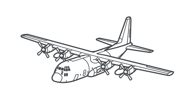 Tactical cargo plane flying perspective line art drawing.
