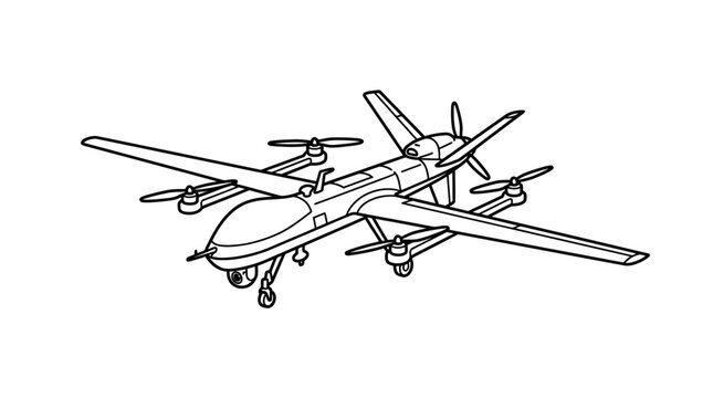 Fixed wing military drone line art illustration for design.