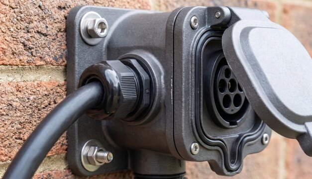 Weatherproof home electric vehicle charger with cable plugged in mounted on brick wall outdoors