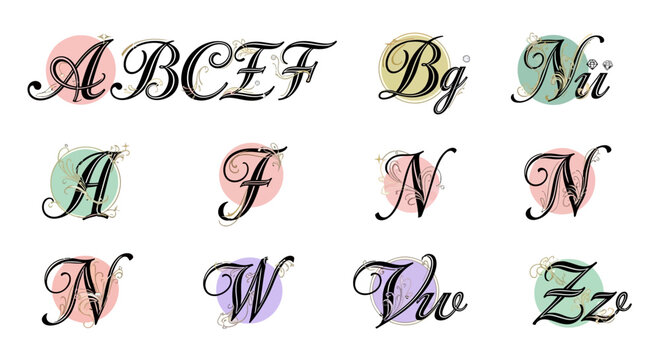 A collection of decorative alphabet letters with elegant floral flourishes