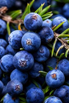 Close up of ripe blue juniper berries growing on a green branch.