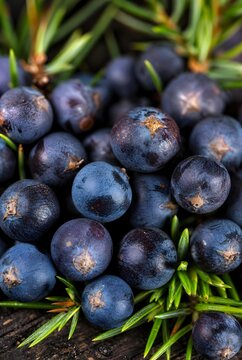 Close up of ripe blue juniper berries with green needles.