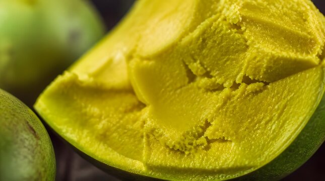 Close up of ripe yellow canistel fruit cut open showing dense eggfruit pulp.