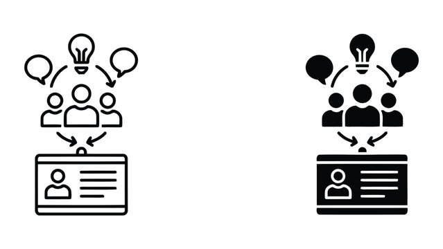 Team brainstorming and employee identification badge vector icon set featuring group of people and lightbulb for creative innovation and HR concepts isolated on white