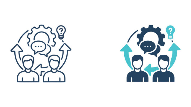 Team communication and knowledge exchange vector icon set with gears and lightbulb for business collaboration and professional development concepts isolated on white