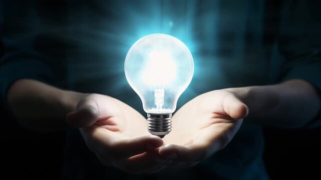 Idea innovation and inspiration concept. Hands of man holding illuminated light bulb, concept creativity with bulbs that shine glitter. Inspiration of ideas for sustainable business development.