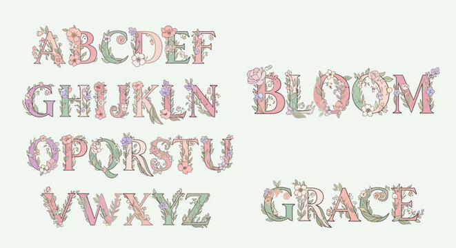 A collection of decorative alphabet letters adorned with beautiful floral patterns