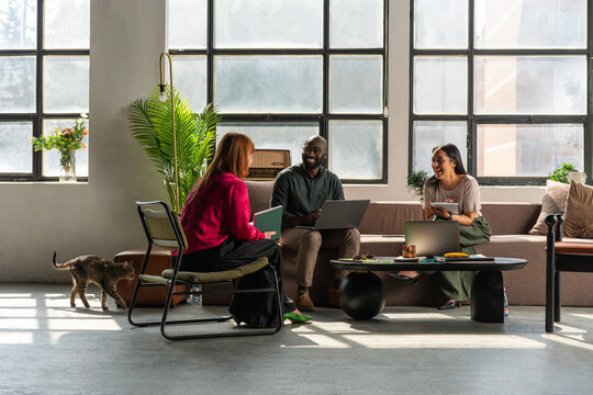 Diverse Coworking Team Having Casual Meeting in Bright Studio