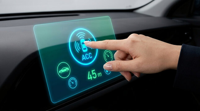 Woman Hand Using Futuristic Holographic Adaptive Cruise Control ACC Interface on Smart Car Dashboard with Advanced Driver Assistance System Technology