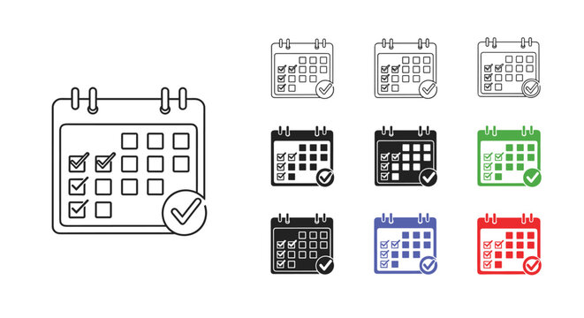 Multiple icons of a monthly calendar with several dates checked off and a large final completion tick in various color and outline styles.