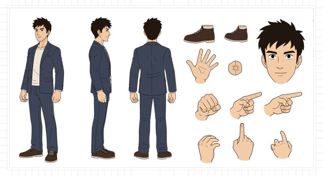 A character design sheet showing a young man in a suit from multiple angles