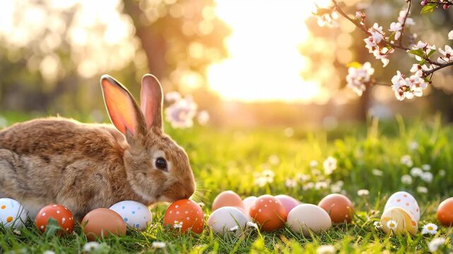 Easter bunny with eggs in a spring meadow