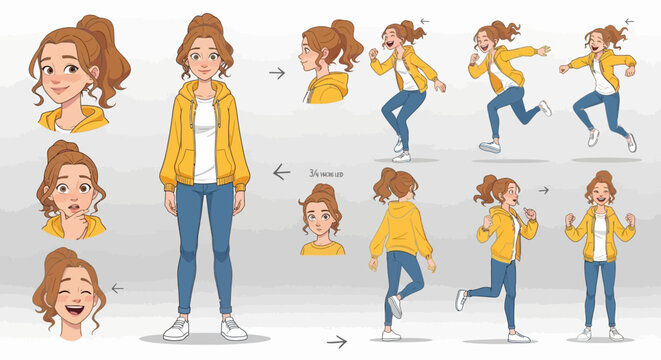 A character design sheet showing a young woman in various poses and expressions