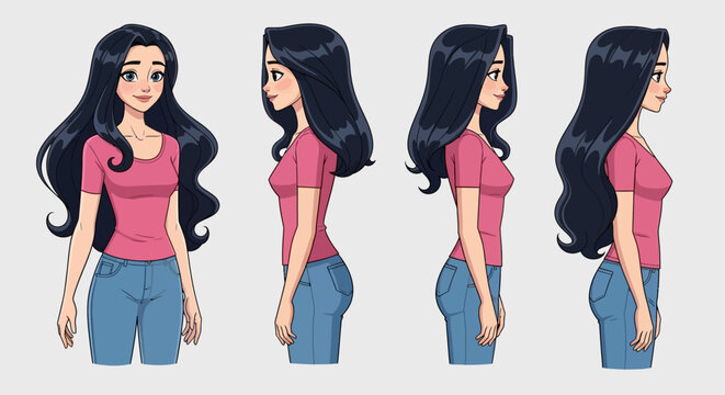 A character design sheet showing a young woman from multiple different angles