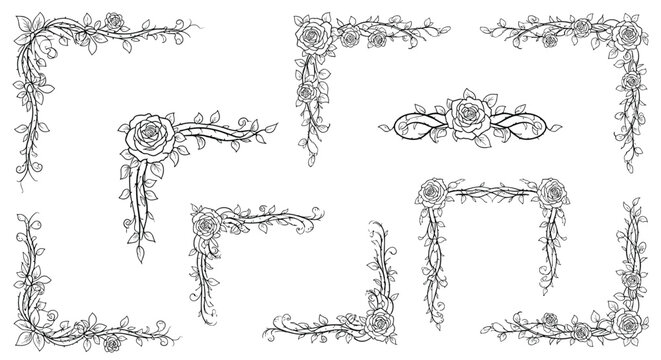 Elegant set of black and white rose corner ornaments and floral dividers for invitation or wedding stationery design projects.