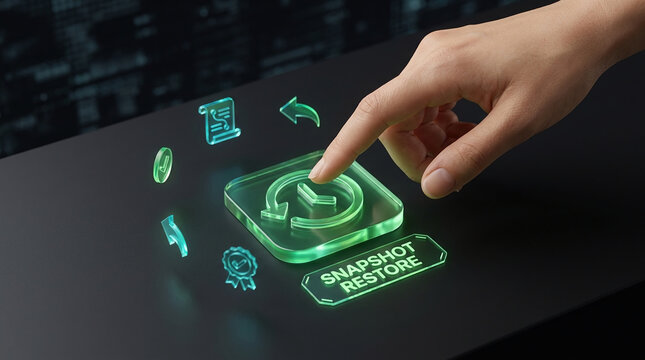 Close up of a hand pressing a holographic snapshot restore button for system backup and data recovery in a futuristic dark technology office