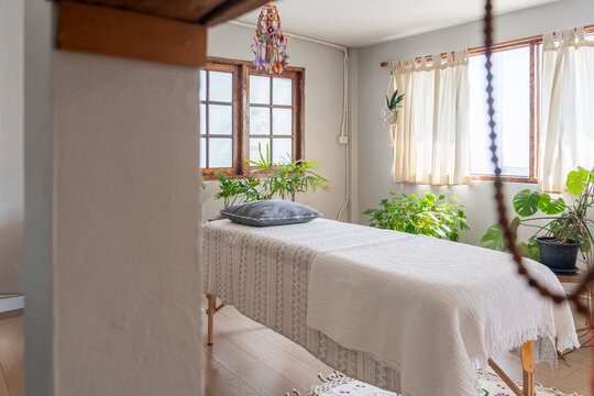 Wellness Space With a Massage Table and Plants in a Bright Room